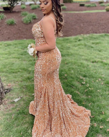 Sexy Spaghetti Straps V-neck Mermaid Sequins Marigold Long Evening Prom Dress, OL022