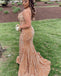 Sexy Spaghetti Straps V-neck Mermaid Sequins Marigold Long Evening Prom Dress, OL022