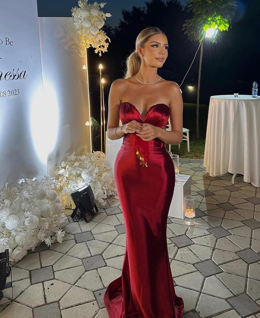Sexy Sweetheart Mermaid Burgundy Satin Long Evening Prom Dress Online, OL026