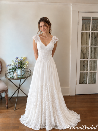 V Neck Cap Sleeve Floor Length A Line Wedding Dresses Tiered Lace Romantic,WD0649