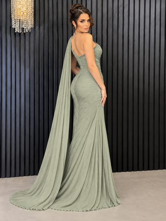 Elegant Sage Green Tulle Prom Dress One-Shoulder Cape Sleeve Mermaid Gown,OLP2425