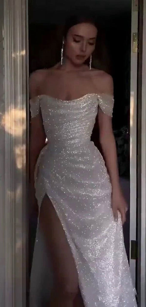 Sparkly White Sequins Off Shoulder Side Slit Prom Dress, Evening Party Dress,WGP330