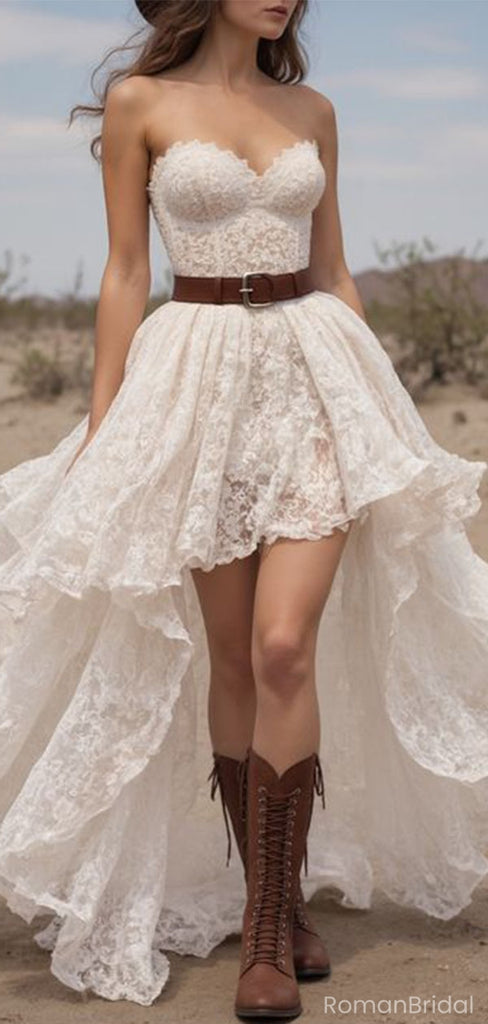 Unique High Low Lace Prom Dress Strapless Sweetheart A-Line Gown with Brown Leather Belt, OLP1694