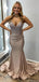 Shiny Champagne Spaghetti Strap Mermaid Long Prom Dress Ideas, Evening Party Dresses, OLP1420