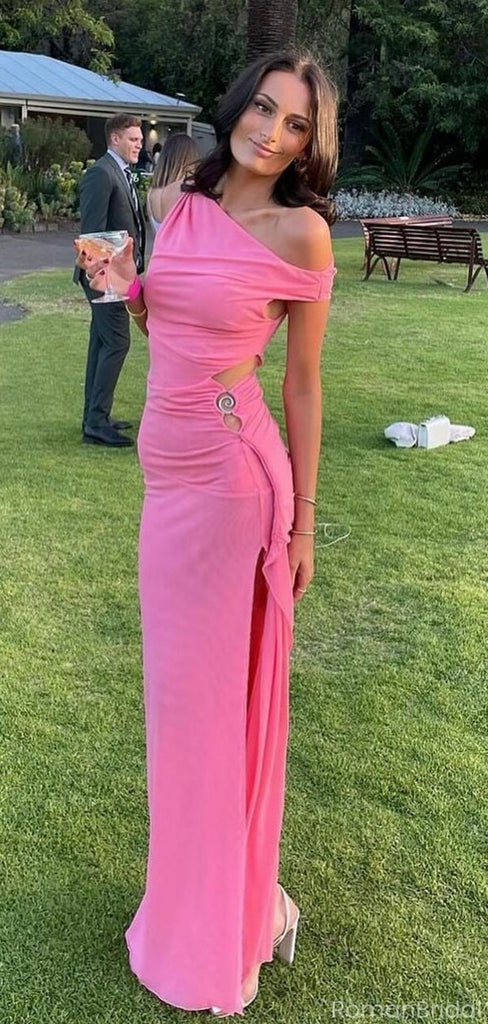Elegant Pink One-Shoulder Mermaid Side Slit Long Prom Dress Ideas, Evening Party Dresses, OLP1469