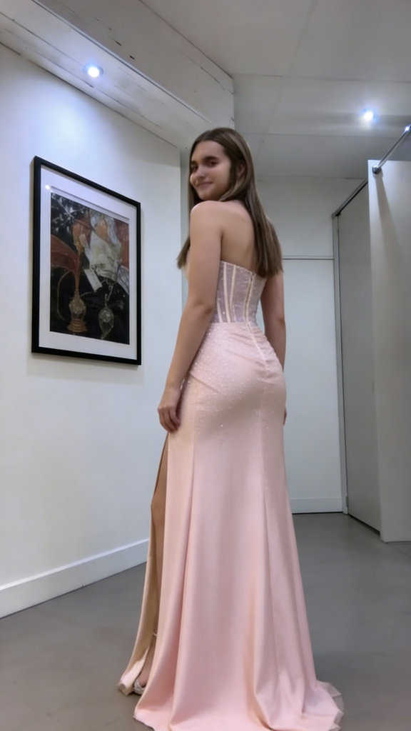 Modern Pink Mermaid Satin Prom Dress Crystal Waist Detail Boned Bodice Side Slit Skirt, OLP1695