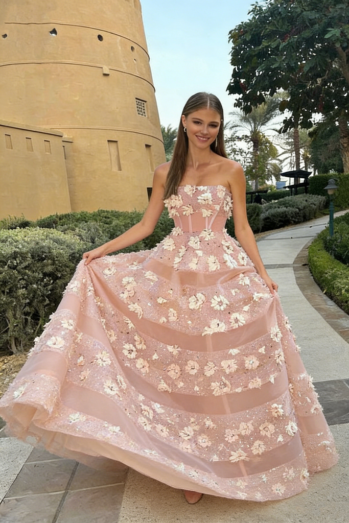 Classy Strapless 3D Floral A-Line Prom Gown Sexy Tiered Tulle Evening Dress,OLP2122