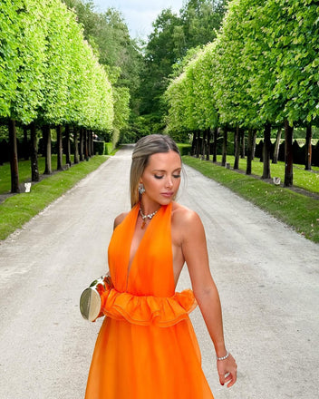 Unique Orange V-Neck A-Line Long Prom Dress Ideas, Evening Party Dresses, OLP1432