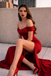 Sexy Red Off-The-Shoulder Prom Dress High Slit Floor-Length Satin Formal Party Gown,OLP1930