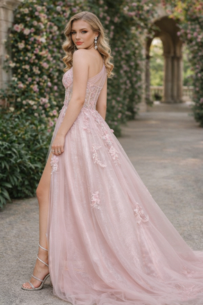 Sexy One Shoulder Prom Dress Sparkly Tulle Formal Gown with High Leg Slit,OLP1903