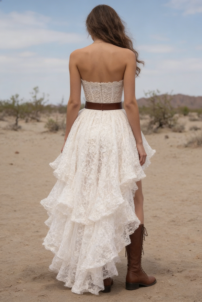 Unique High Low Lace Prom Dress Strapless Sweetheart A-Line Gown with Brown Leather Belt, OLP1694