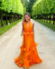 Unique Orange V-Neck A-Line Long Prom Dress Ideas, Evening Party Dresses, OLP1432