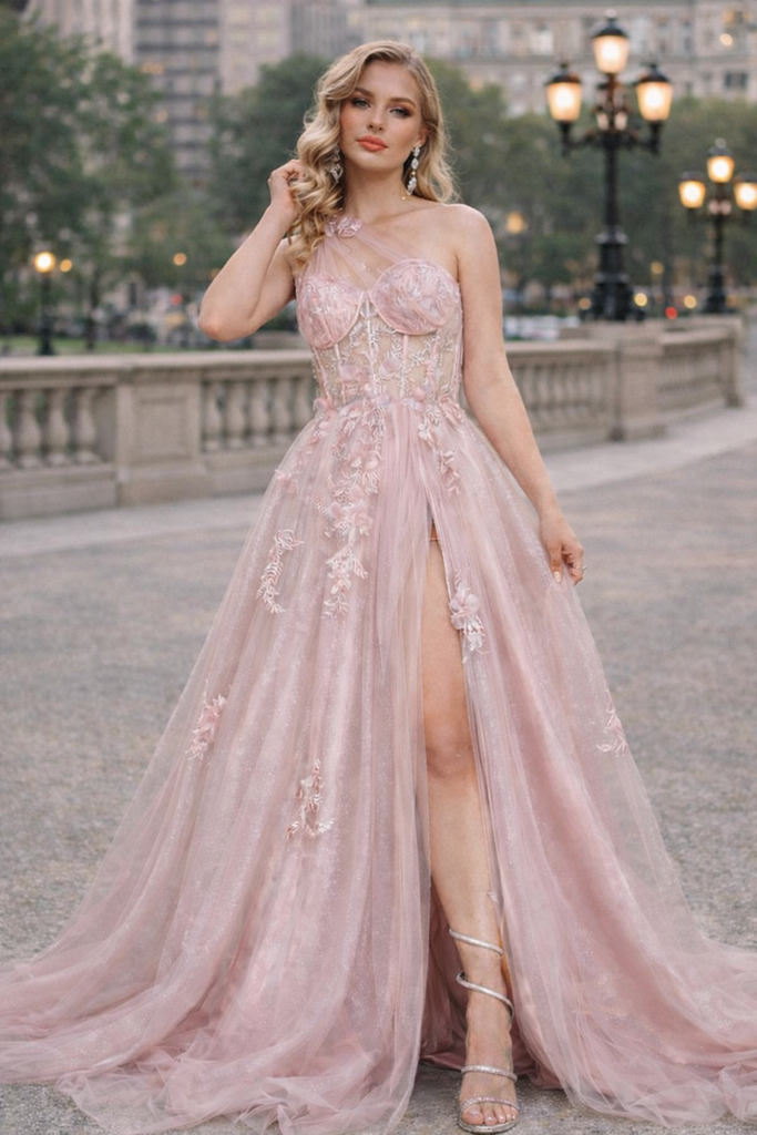 Sexy One Shoulder Prom Dress Sparkly Tulle Formal Gown with High Leg Slit,OLP1903