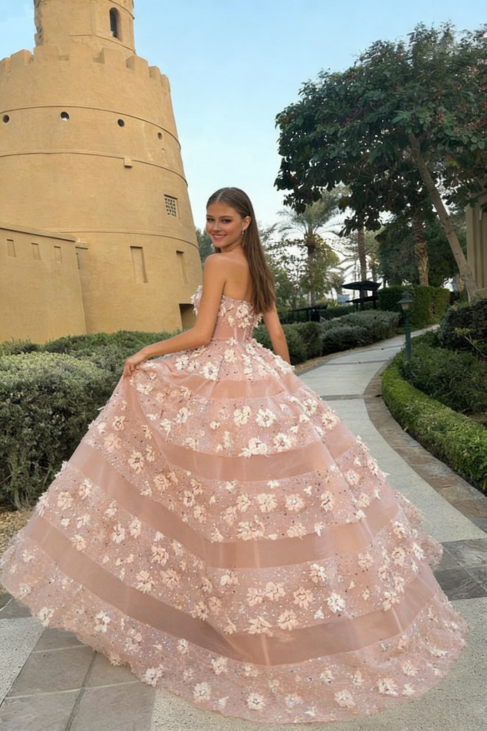 Classy Strapless 3D Floral A-Line Prom Gown Sexy Tiered Tulle Evening Dress,OLP2122