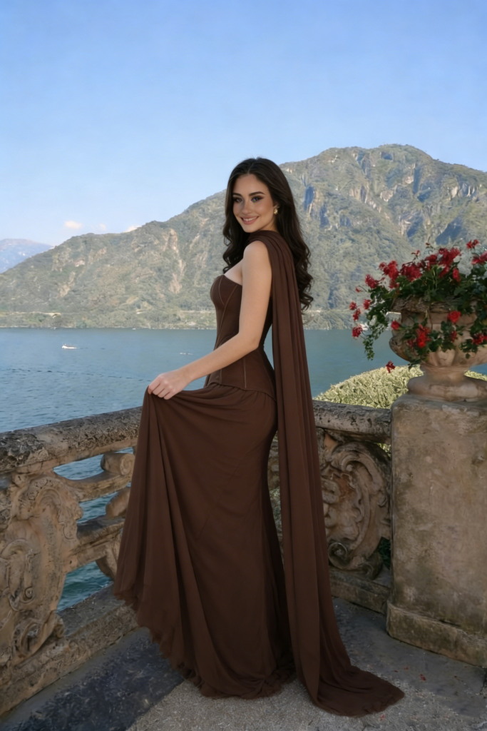 Modern Chocolate Brown Corset Prom Dress Strapless Floor-Length Formal Gown,OLP2012