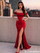 Sexy Red Off-The-Shoulder Prom Dress High Slit Floor-Length Satin Formal Party Gown,OLP1930
