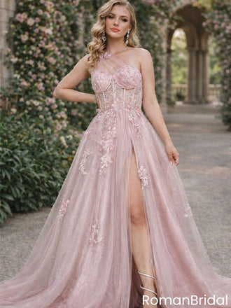 Sexy One Shoulder Prom Dress Sparkly Tulle Formal Gown with High Leg Slit,OLP1903