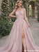 Sexy One Shoulder Prom Dress Sparkly Tulle Formal Gown with High Leg Slit,OLP1903
