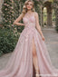 Sexy One Shoulder Prom Dress Sparkly Tulle Formal Gown with High Leg Slit,OLP1903