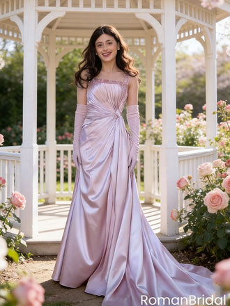 Classy Pink Satin Prom Dress Lavender Ruched Sleeveless Gown with Matching Gloves,OLP1945