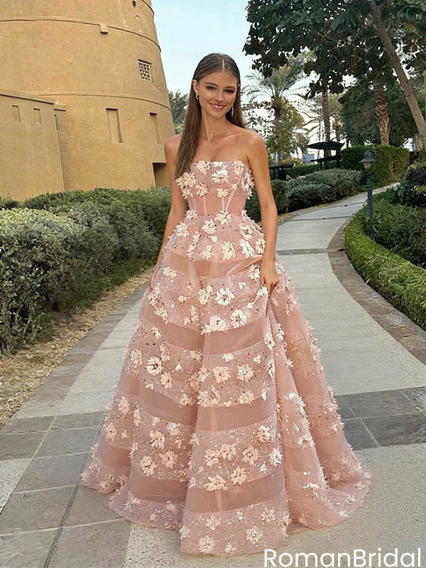 Classy Strapless 3D Floral A-Line Prom Gown Sexy Tiered Tulle Evening Dress,OLP2122