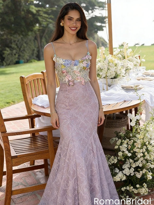 Elegant Lavender Lace Prom Dress Floral Applique Bodice Mermaid Formal Gown,OLP2023
