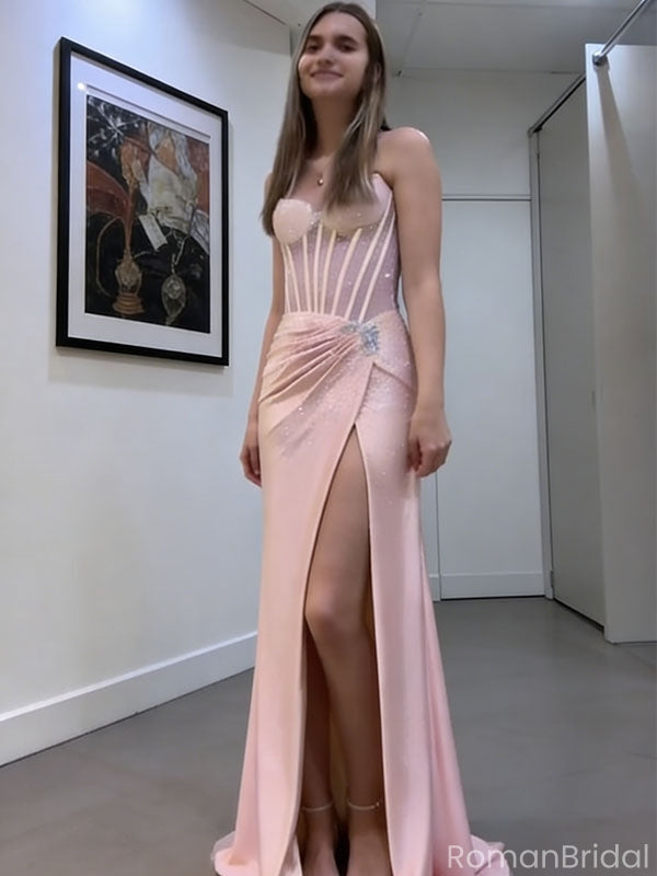 Modern Pink Mermaid Satin Prom Dress Crystal Waist Detail Boned Bodice Side Slit Skirt, OLP1695