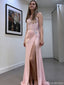 Modern Pink Mermaid Satin Prom Dress Crystal Waist Detail Boned Bodice Side Slit Skirt, OLP1695