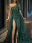 Sexy Green One-Shoulder Mermaid Side Slit Long Prom Dress Ideas, Evening Party Dresses, OLP1303
