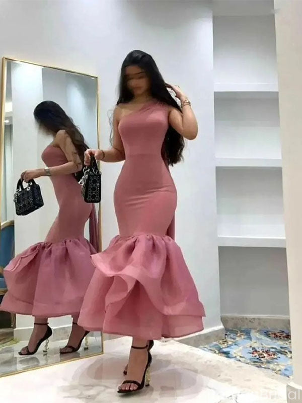 Elegant Pink One-Shoulder Mermaid Long Prom Dress Ideas, Evening Party Dresses, OLP1456