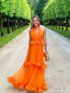 Unique Orange V-Neck A-Line Long Prom Dress Ideas, Evening Party Dresses, OLP1432