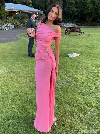 Elegant Pink One-Shoulder Mermaid Side Slit Long Prom Dress Ideas, Evening Party Dresses, OLP1469