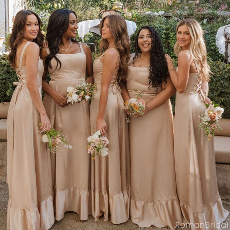 Elegant Champagne Spaghetti Strap Sleeveless A-Line Long Bridesmaid Dresses Online, BG914