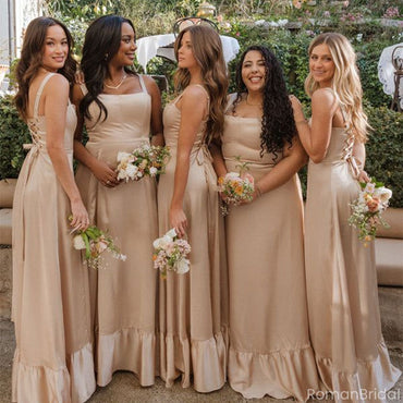 Elegant Champagne Spaghetti Strap Sleeveless A-Line Long Bridesmaid Dresses Online, BG914