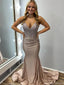 Shiny Champagne Spaghetti Strap Mermaid Long Prom Dress Ideas, Evening Party Dresses, OLP1420