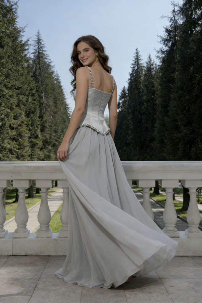 Classy Silver Satin Prom Dress Square Neck Beaded Waist Chiffon Special Event Gown,OLP2013