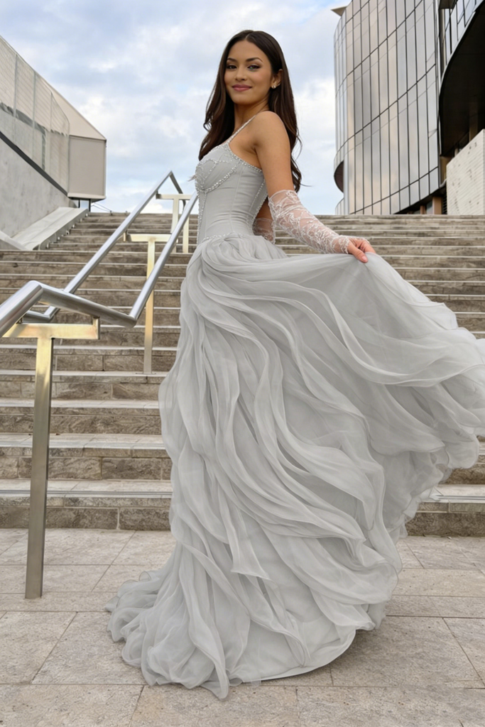 Unique Grey Ruffle Skirt Prom Dress Beaded Corset Bodice Long Formal Gown,OLP2053