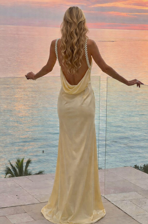 Beautiful Pastel Yellow Silk Slip Dress with Fancy Pearl Straps for Prom Night,OLP1960