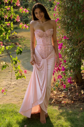 Fancy Pink Strapless Sequin Corset Formal Dress with Elegant Draped Skirt,OLP1989