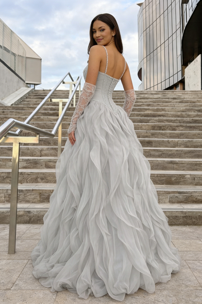 Unique Grey Ruffle Skirt Prom Dress Beaded Corset Bodice Long Formal Gown,OLP2053