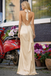 Elegant Champagne Halter Prom Dress High Slit Satin Sleeveless Unique Evening Gown,OLP1931