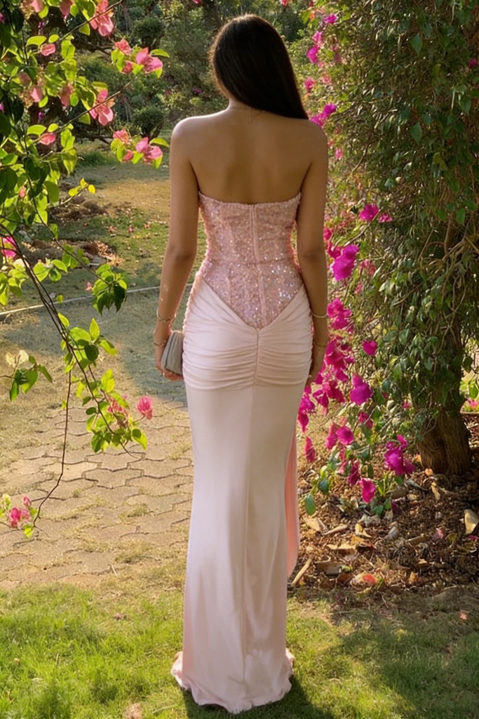 Fancy Pink Strapless Sequin Corset Formal Dress with Elegant Draped Skirt,OLP1989