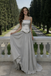 Classy Silver Satin Prom Dress Square Neck Beaded Waist Chiffon Special Event Gown,OLP2013