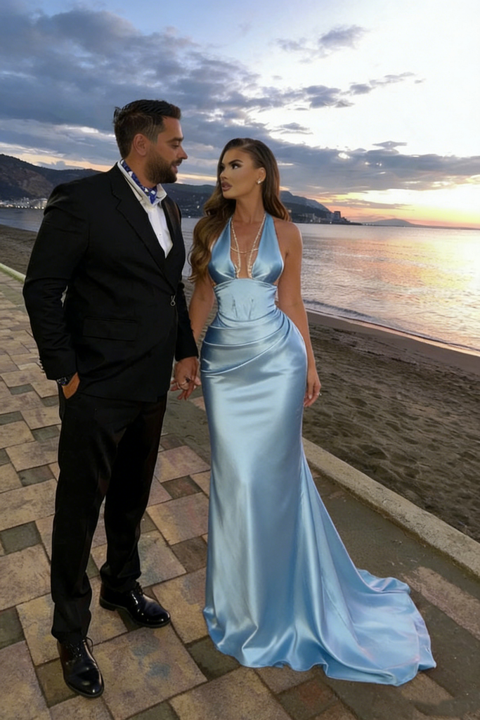 Sexy Ice Blue Satin Mermaid Prom Dress Elegant Ruched Halter Neck Formal Gown,OLP2160
