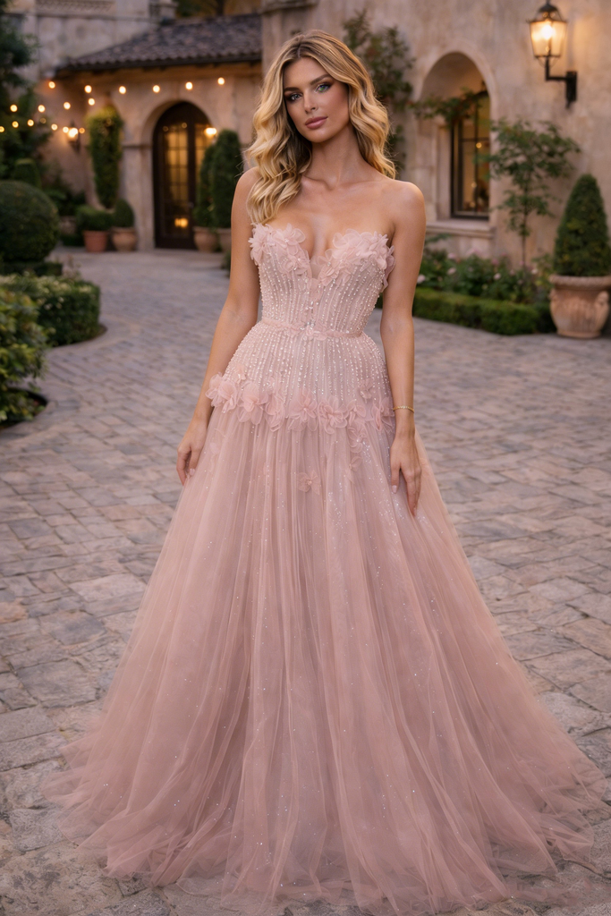 Fancy Sweetheart Neck Prom Dress Glitter Tulle Evening Gown with 3D Flowers,OLP1904