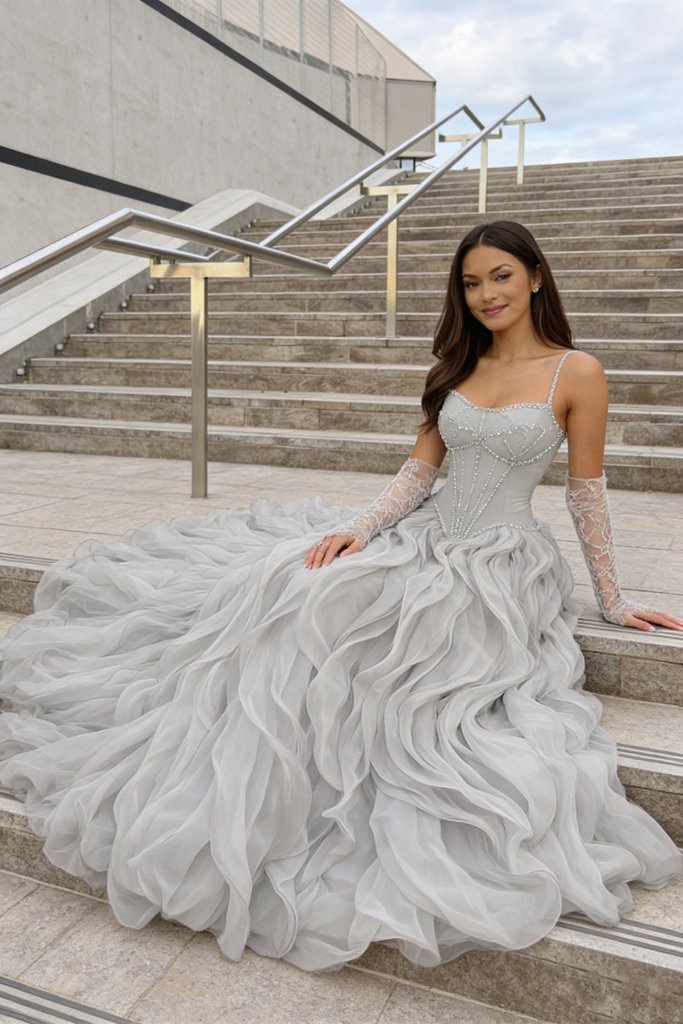 Unique Grey Ruffle Skirt Prom Dress Beaded Corset Bodice Long Formal Gown,OLP2053