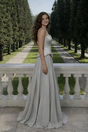 Classy Silver Satin Prom Dress Square Neck Beaded Waist Chiffon Special Event Gown,OLP2013