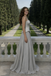 Classy Silver Satin Prom Dress Square Neck Beaded Waist Chiffon Special Event Gown,OLP2013