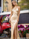 Elegant Champagne Halter Prom Dress High Slit Satin Sleeveless Unique Evening Gown,OLP1931