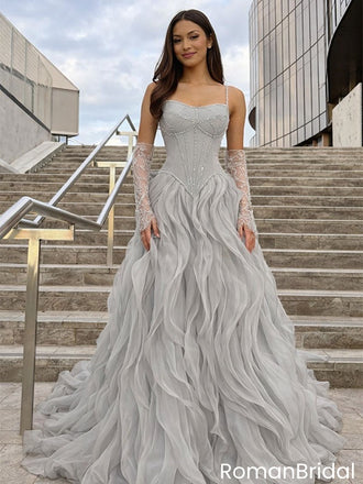 Unique Grey Ruffle Skirt Prom Dress Beaded Corset Bodice Long Formal Gown,OLP2053